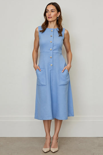 A Line Round Neck Blue Midi Work Dress